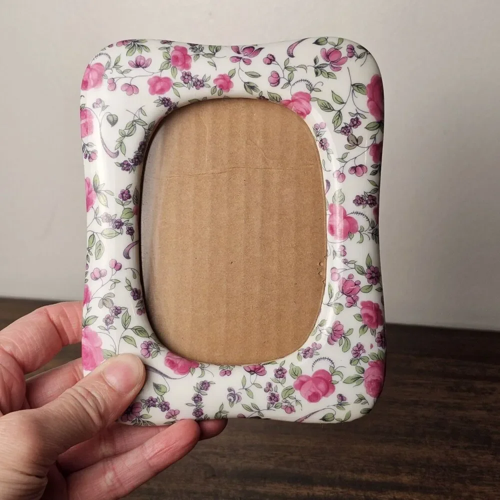 Vintage Ceramic Pink & Green Chintz Floral Small Picture Frame